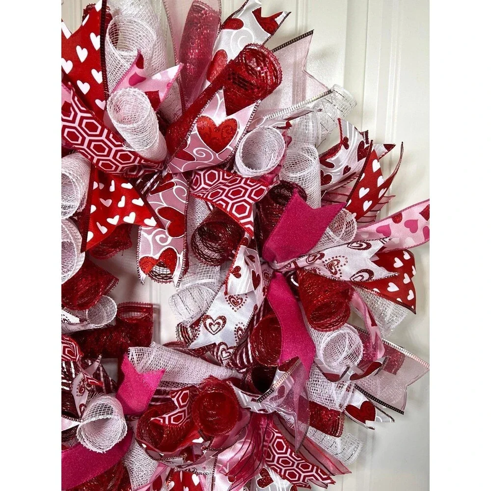 Handmade 22” Valentine’s Day Ribbon Mesh Wreath Hearts in Red & Pink w22